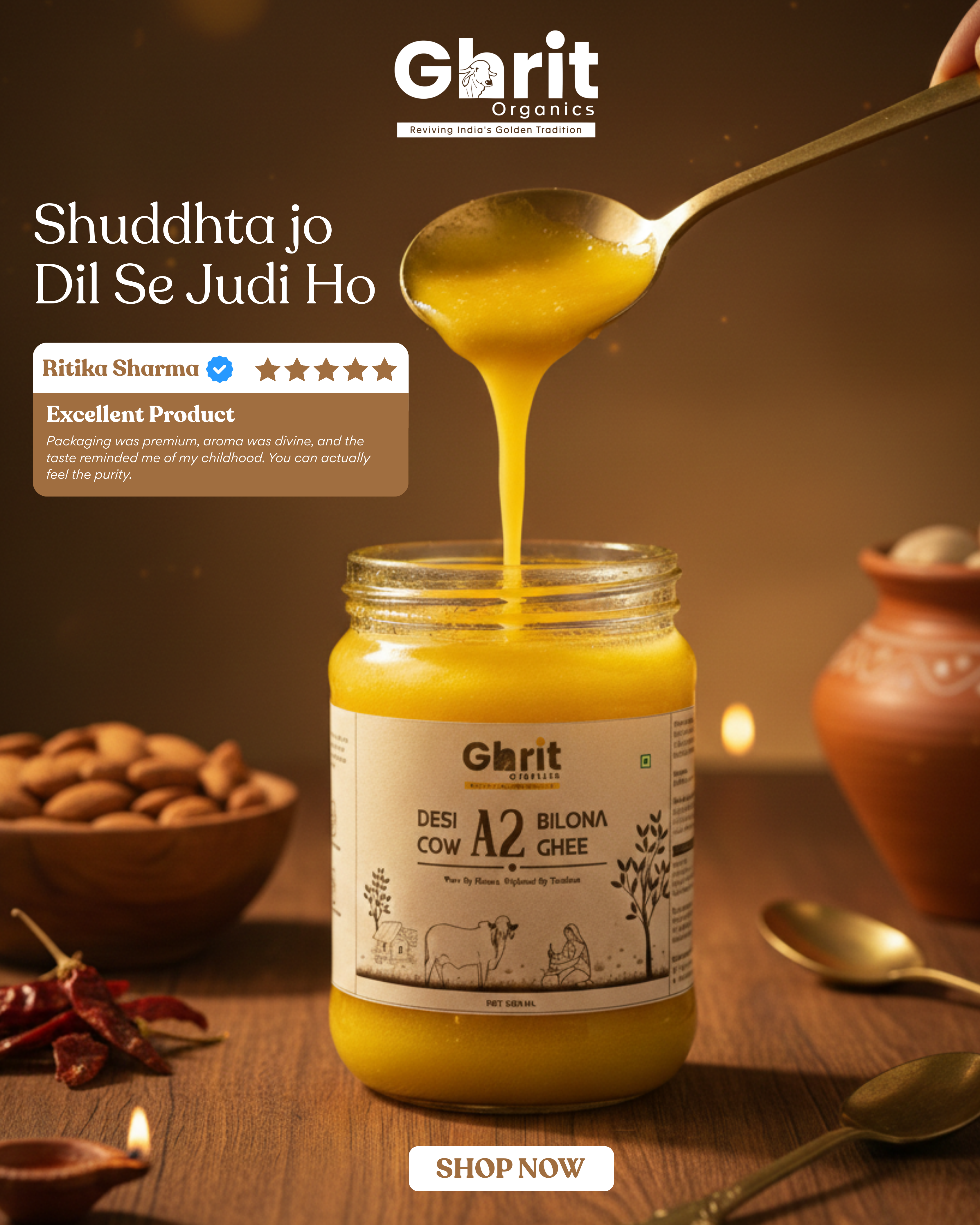 Ghrit Organics A2 Cow Ghee | Bilona Churned | Made from A2 Milk | 100% Pure & Natural | 500 ml