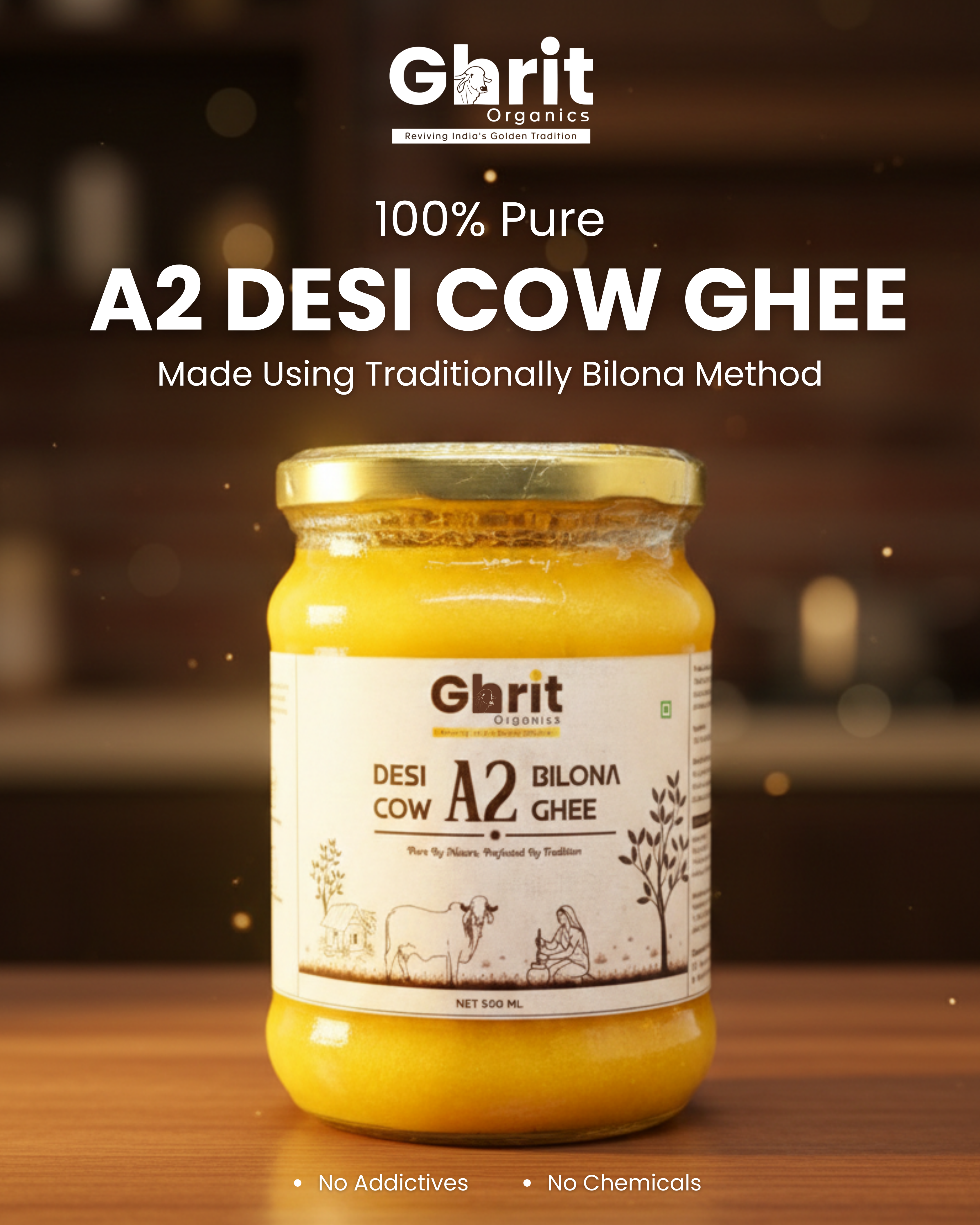 Ghrit Organics A2 Cow Ghee | Bilona Churned | Made from A2 Milk | 100% Pure & Natural | 500 ml